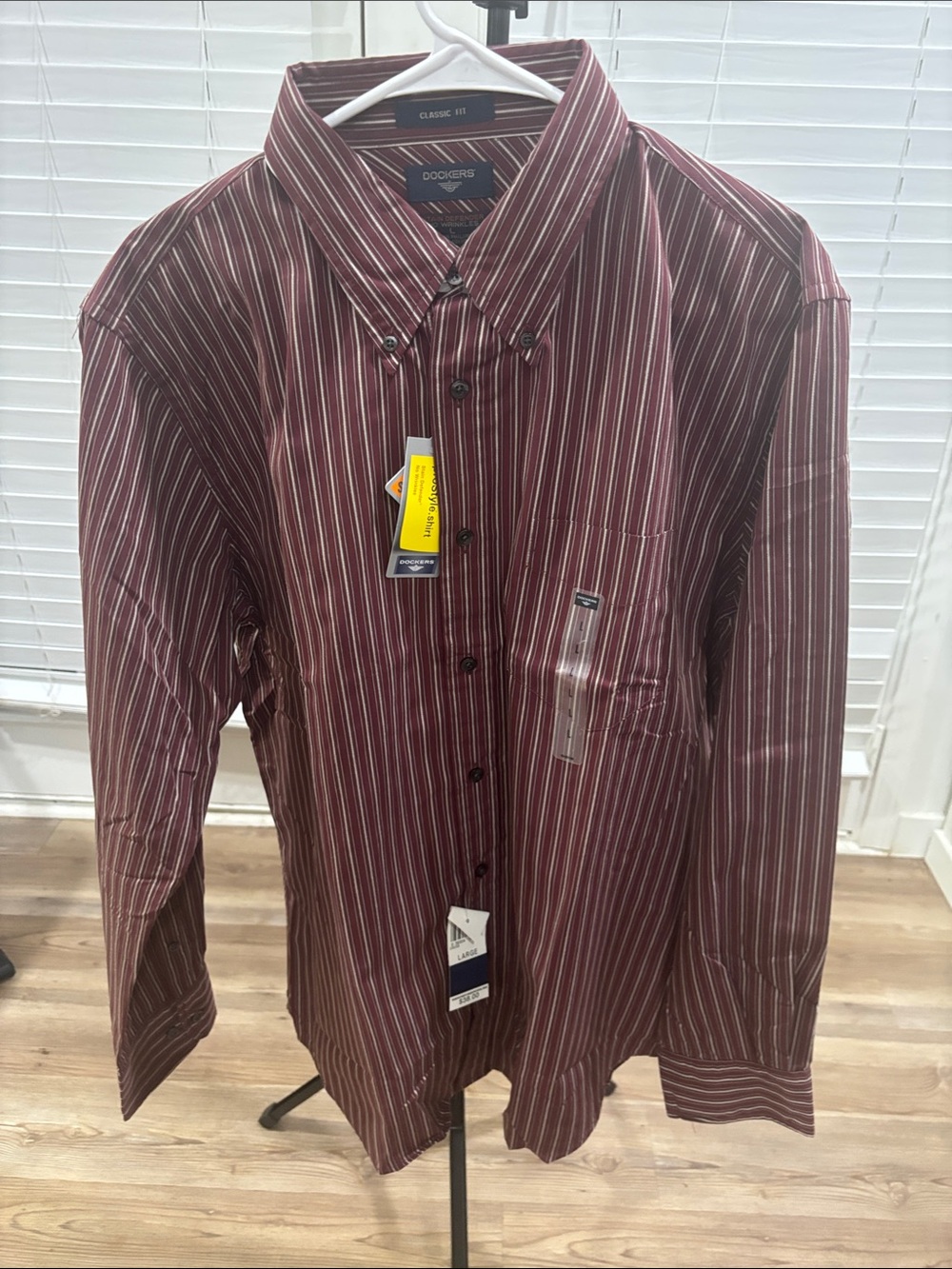 Dockers Men’s Maroon and White Striped Button-Down Shirt